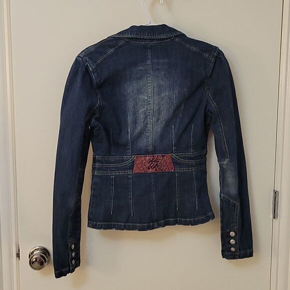 ROCAWEAR Distressed Denim Pink Bedazzled Glam Rock Jean Jacket - Picture 2 of 12